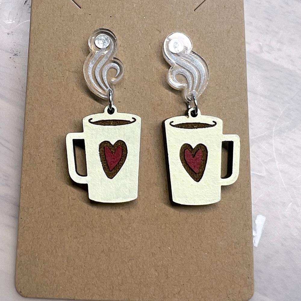 Coffee comfort stud / dangle earrings. Handmade, hand painted, small business.